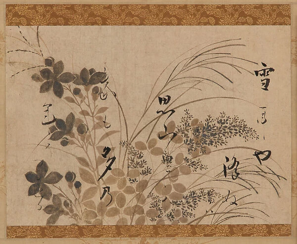 Flowers, grasses, and a poem, Edo period, 1615-1637. Creator: Hon'ami Koetsu