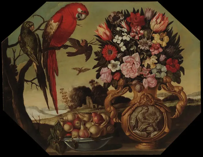 Framed Print : Flowers and parrots, c1700. Creator: Unknown Framed Print : Flowers and parrots, c1700. Creator: Unknown