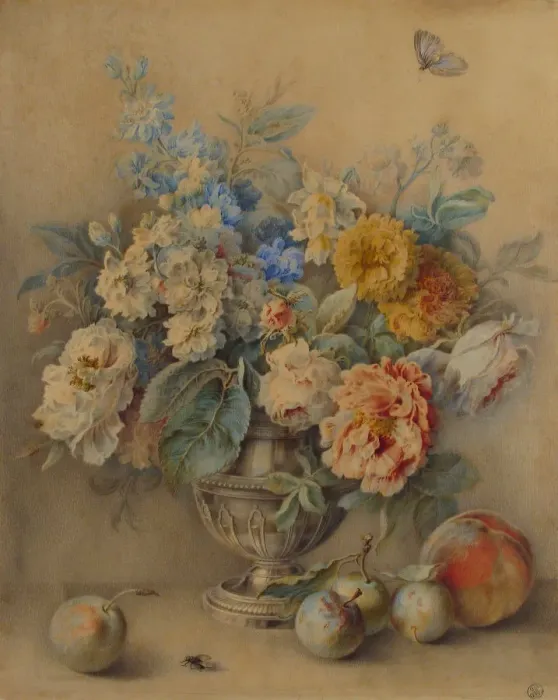 Framed Print : Flowers in a Silver Caster, Fruit in the Foreground, 18th century Framed Print : Flowers in a Silver Caster, Fruit in the Foreground, 18th century