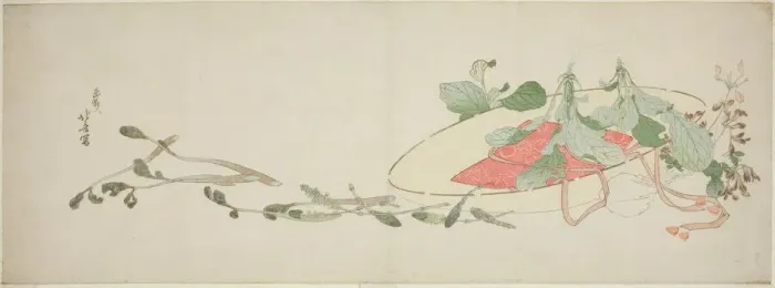 Framed Print : Flowers and spring greens in a hat, Japan, c. 1801. Creator: Hokusai Framed Print : Flowers and spring greens in a hat, Japan, c. 1801. Creator: Hokusai