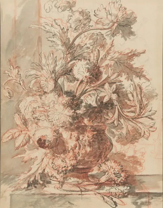 Framed Print : Flowers in an Urn Decorated with Putti, on a Plinth, early 18th century. Creator: Jan van Huysum Framed Print : Flowers in an Urn Decorated with Putti, on a Plinth, early 18th century. Creator: Jan van Huysum