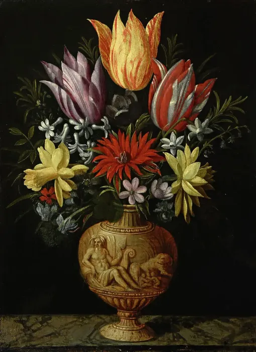 Framed Print : Flowers in a vase on a marble plinth, First Half of 17th cen.. Creator: Borcht; Hendrik van der; the Elder (1583-1651) Framed Print : Flowers in a vase on a marble plinth, First Half of 17th cen.. Creator: Borcht; Hendrik van der; the Elder (1583-1651)