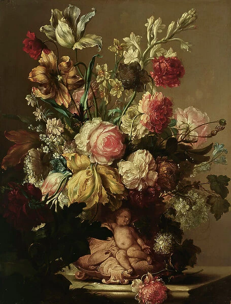 Flowers in a Vase with a Putto, 17th century. Creator: Isabella Peeters