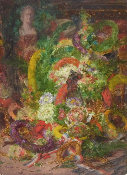 Framed Print : Flowers and wreaths in the burial chamber, 1885. Creator: Georges Jeannin Framed Print : Flowers and wreaths in the burial chamber, 1885. Creator: Georges Jeannin