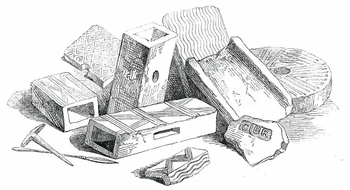 Framed Print : Flue-Tiles, Quern, and Other Roman Articles Found at Lymne, 1850. Creator: Unknown Framed Print : Flue-Tiles, Quern, and Other Roman Articles Found at Lymne, 1850. Creator: Unknown