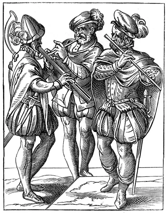 Framed Print : Flute and cornetto players, 16th century (1849). Artist: Jost Amman Framed Print : Flute and cornetto players, 16th century (1849). Artist: Jost Amman