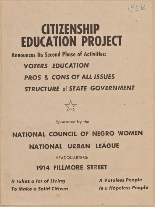 Framed Print : Flyer promoting the second phase of the NCNWs Citizenship Education Project, 1956 Framed Print : Flyer promoting the second phase of the NCNWs Citizenship Education Project, 1956