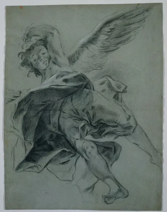 Framed Print : A Flying Angel (recto); Studies of Hands Playing Instruments (verso), 1723-1727. Creator Framed Print : A Flying Angel (recto); Studies of Hands Playing Instruments (verso), 1723-1727. Creator