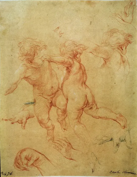 Framed Print : Two flying putti, study, 1740s. Artist: Pompeo Batoni Framed Print : Two flying putti, study, 1740s. Artist: Pompeo Batoni