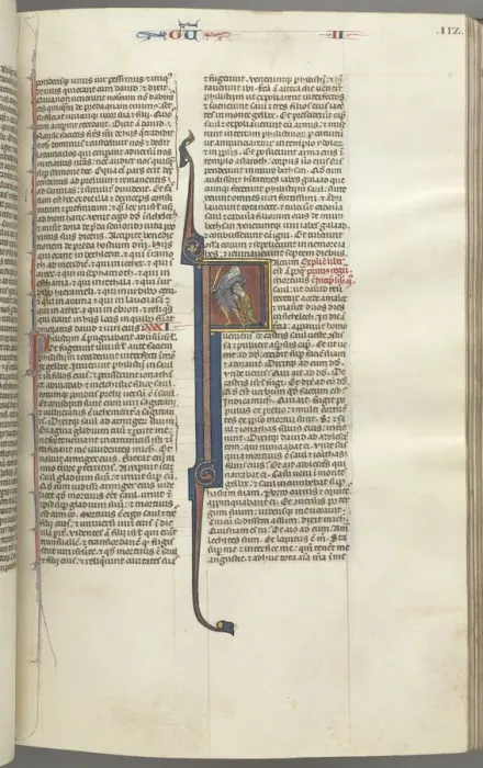Framed Print : Fol. 112r, Kings II, historiated initial F, the beheading of the Amalekite, c. 1275-1300 Framed Print : Fol. 112r, Kings II, historiated initial F, the beheading of the Amalekite, c. 1275-1300