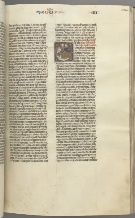 Framed Print : Fol. 123r, Kings III, historiated initial E, an attendant bringing Abishag to David Framed Print : Fol. 123r, Kings III, historiated initial E, an attendant bringing Abishag to David
