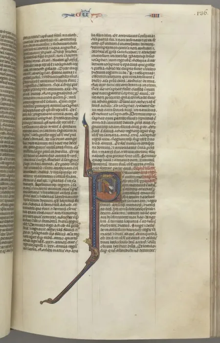 Framed Print : Fol. 136r, Kings IV, historiated initial P, Ahaziah falling from a tower, c. 1275-1300 Framed Print : Fol. 136r, Kings IV, historiated initial P, Ahaziah falling from a tower, c. 1275-1300