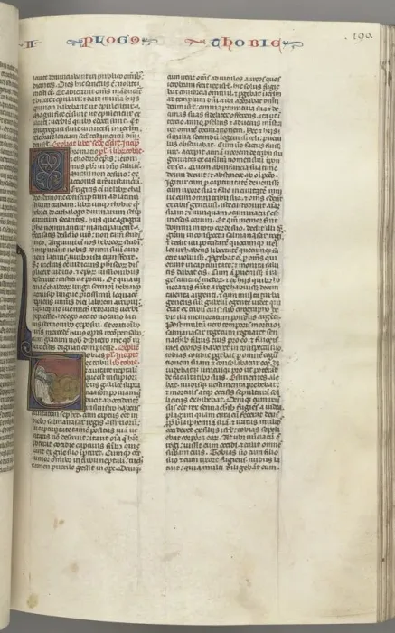 Framed Print : Fol. 190r, Tobit, historiated initial T, Tobit sleeping on a bed, c. 1275-1300. Creator: Unknown Framed Print : Fol. 190r, Tobit, historiated initial T, Tobit sleeping on a bed, c. 1275-1300. Creator: Unknown