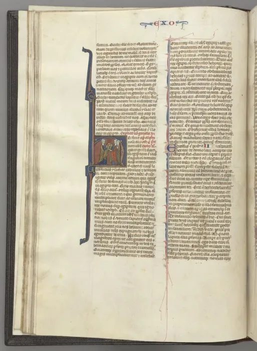 Framed Print : Fol. 20v, Exodus, historiated initial H, Moses and two followers with the tablets of the law, c