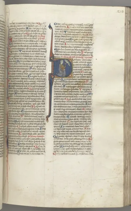 Framed Print : Fol. 218r, Psalm 26, historiated initial D, David kneeling pointing to his eyes, the bust of God Framed Print : Fol. 218r, Psalm 26, historiated initial D, David kneeling pointing to his eyes, the bust of God
