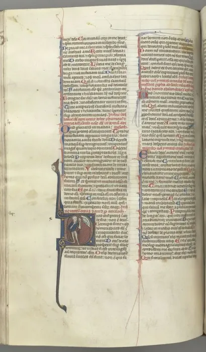 Framed Print : Fol. 222v, Psalm 52, historiated initial D, a fool naked but for a cloak, holding a bladder Framed Print : Fol. 222v, Psalm 52, historiated initial D, a fool naked but for a cloak, holding a bladder
