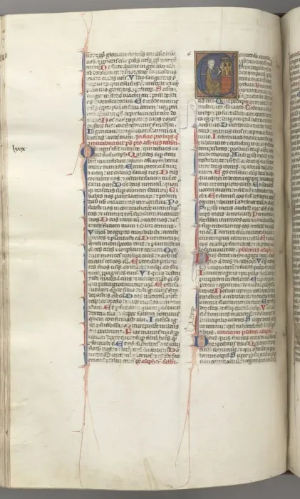 Framed Print : Fol. 227v, Psalm 80, historiated initial E, David hitting a carillon of hells, c. 1275-1300 Framed Print : Fol. 227v, Psalm 80, historiated initial E, David hitting a carillon of hells, c. 1275-1300