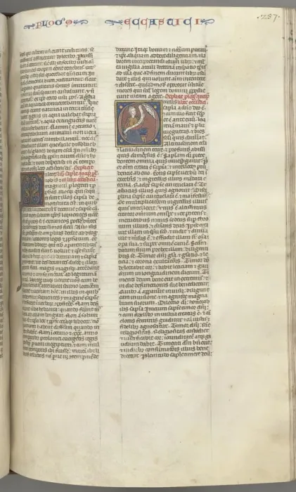 Framed Print : Fol. 257r, Ecclesiasticus, historiated initial O, Sirach seated with a scroll, bust of God above