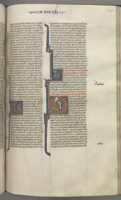 Framed Print : Fol. 317r, Baruch, historiated initial H, Baruch seated at a desk writing on a scroll, c Framed Print : Fol. 317r, Baruch, historiated initial H, Baruch seated at a desk writing on a scroll, c