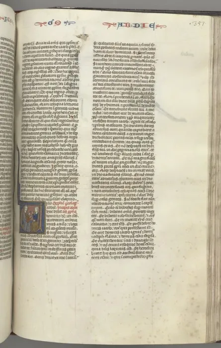 Framed Print : Fol. 357r, Obadiah, historiated initial V, Obadiah and a Jew in discussion, c. 1275-1300 Framed Print : Fol. 357r, Obadiah, historiated initial V, Obadiah and a Jew in discussion, c. 1275-1300