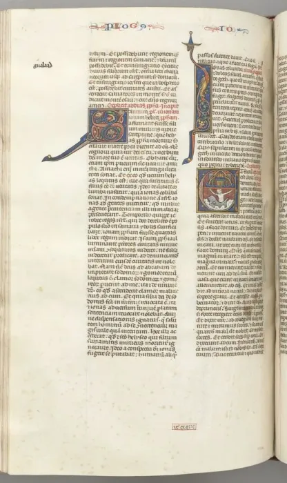 Framed Print : Fol. 357v, Jonah, historiated initial E, Jonah swallowed by the whale, a walled city above, c Framed Print : Fol. 357v, Jonah, historiated initial E, Jonah swallowed by the whale, a walled city above, c
