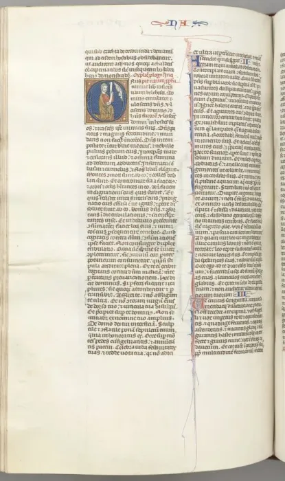 Framed Print : Fol. 360v, Nahum, historiated initial O, Nahum kneeling with a scroll, bust of God above, c Framed Print : Fol. 360v, Nahum, historiated initial O, Nahum kneeling with a scroll, bust of God above, c