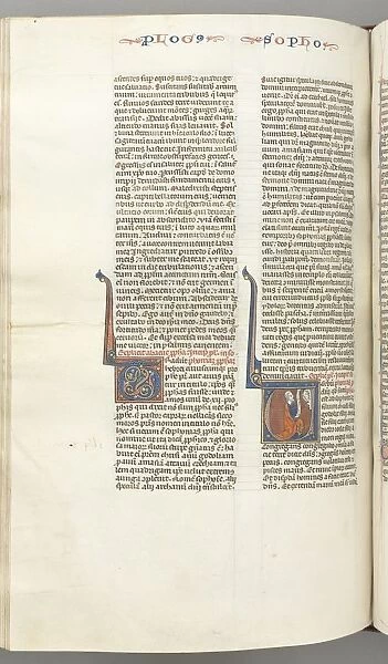 Fol. 362v, Zephaniah, historiated initial V, Zephaniah kneeling with a scroll, bust of God
