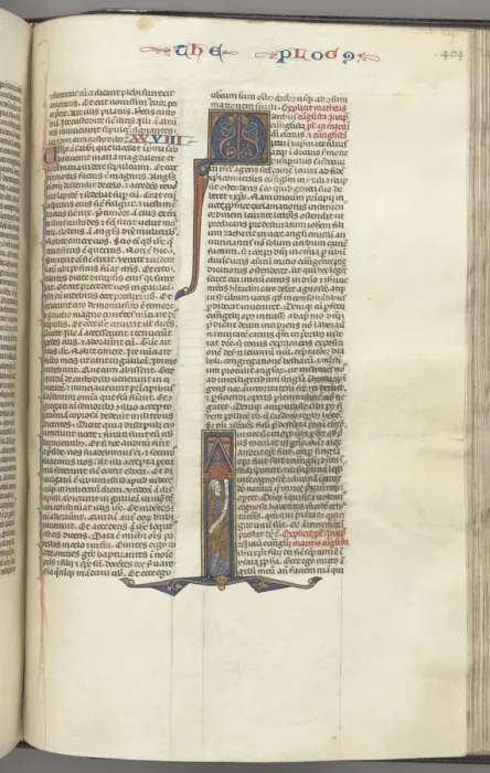 Framed Print : Fol. 404r, Mark, historiated initial I, Mark standing with a scroll, c. 1275-1300 Framed Print : Fol. 404r, Mark, historiated initial I, Mark standing with a scroll, c. 1275-1300
