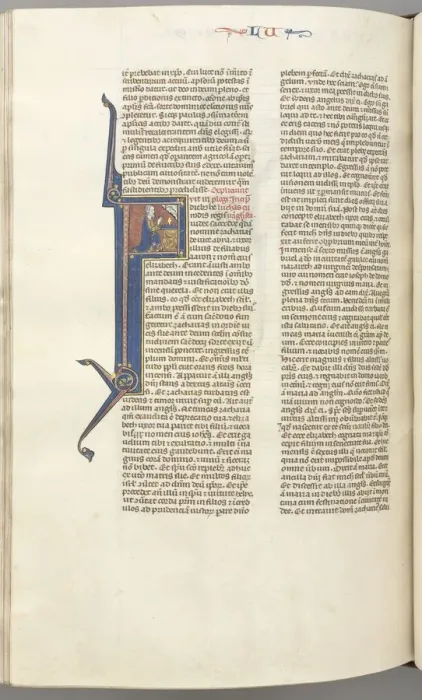 Framed Print : Fol. 412v, Luke, historiated initial F, Luke praying at an altar, bust of God above, c Framed Print : Fol. 412v, Luke, historiated initial F, Luke praying at an altar, bust of God above, c