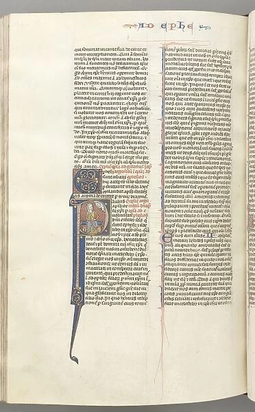 Fol. 450v, Ephesians, historiated initial P, Paul seated with a sword, the bust of God above, c