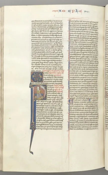 Framed Print : Fol. 450v, Ephesians, historiated initial P, Paul seated with a sword, the bust of God above, c Framed Print : Fol. 450v, Ephesians, historiated initial P, Paul seated with a sword, the bust of God above, c