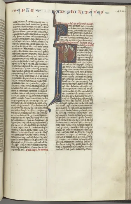 Framed Print : Fol. 452r, Philippians, historiated initial P, Paul standing with a sword and a scroll Framed Print : Fol. 452r, Philippians, historiated initial P, Paul standing with a sword and a scroll