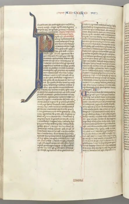 Framed Print : Fol. 453v, Colossians, historiated initial P, Paul standing talking to the bust of God above, c Framed Print : Fol. 453v, Colossians, historiated initial P, Paul standing talking to the bust of God above, c