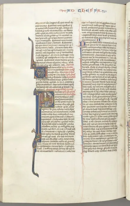 Framed Print : Fol. 454v, Thessalonians I, historiated initial P, Paul seated with a sword and a book Framed Print : Fol. 454v, Thessalonians I, historiated initial P, Paul seated with a sword and a book