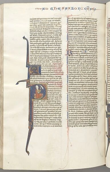 Fol. 455v, Thessalonians II, historiated initial P, Paul seated with a sword... c