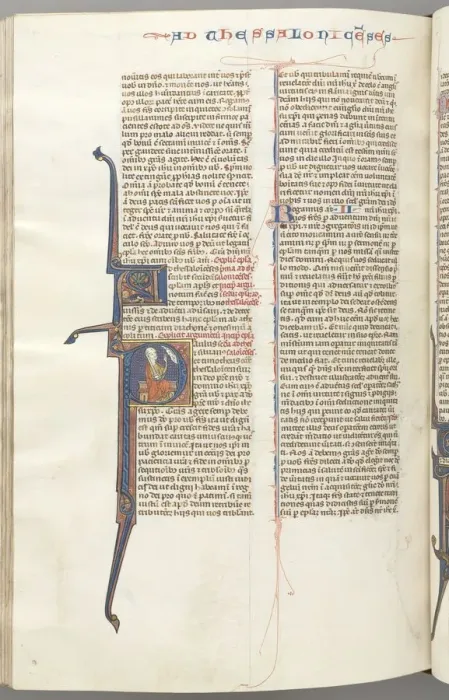 Framed Print : Fol. 455v, Thessalonians II, historiated initial P, Paul seated with a sword... c Framed Print : Fol. 455v, Thessalonians II, historiated initial P, Paul seated with a sword... c