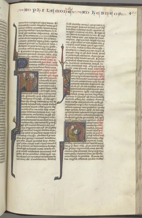 Framed Print : Fol. 459r, Philemon, historiated initial P, Paul addressing three men and Hebrews Framed Print : Fol. 459r, Philemon, historiated initial P, Paul addressing three men and Hebrews