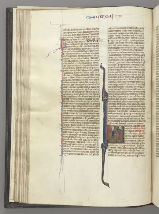 Framed Print : Fol. 46v, Numbers, historiated initial L, Moses with horns, kneeling before God, c Framed Print : Fol. 46v, Numbers, historiated initial L, Moses with horns, kneeling before God, c