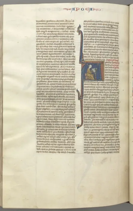 Framed Print : Fol. 482v, Revelations, historiated initial A, John seated at a desk writing... c Framed Print : Fol. 482v, Revelations, historiated initial A, John seated at a desk writing... c