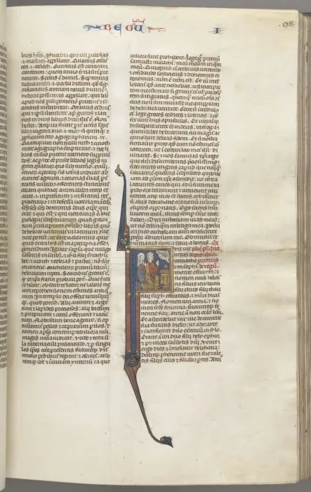 Framed Print : Fol. 98r, Kings I, historiated initial F, Elkanah and Hannah kneeling before an altar