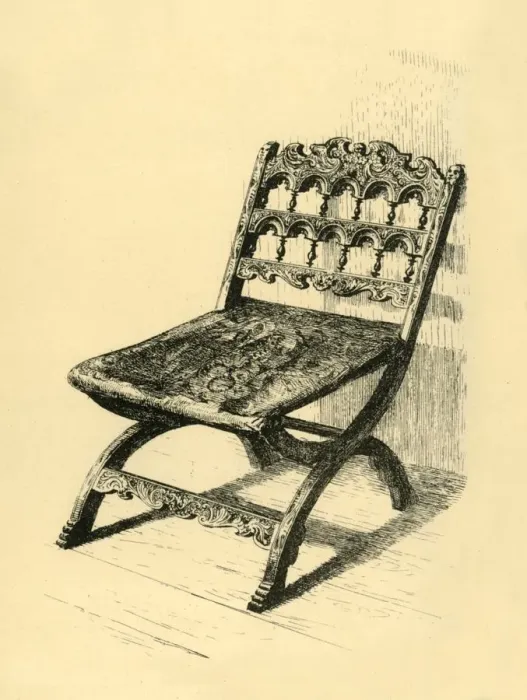 Framed Print : Folding-Chair, Walnut Wood, 16th-17th centuries?, (1881). Creator: Frederick Albert Slocombe Framed Print : Folding-Chair, Walnut Wood, 16th-17th centuries?, (1881). Creator: Frederick Albert Slocombe