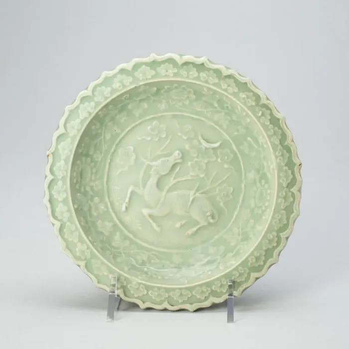 Framed Print : Foliate Dish with Bovine (Xiniu) Gazing at a Crescent Moon, Yuan dynasty (1279-1368), late 13th cent Creator: Unknown