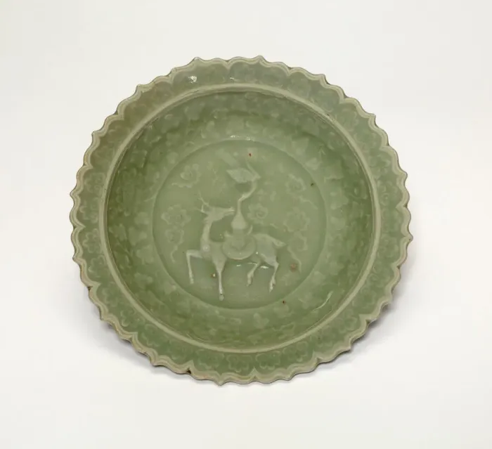 Framed Print : Foliate Dish with Crane and Deer Amid Clouds, Yuan dynasty (1279-1368), late 13th century. Creator: Unknown Framed Print : Foliate Dish with Crane and Deer Amid Clouds, Yuan dynasty (1279-1368), late 13th century. Creator: Unknown