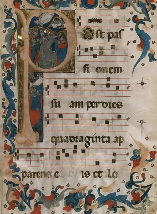 Framed Print : Folio from an Antiphonary with Initial P Containing The Ascension of Christ, c1365. Creator: Niccolo di Giacomo da Bologna Framed Print : Folio from an Antiphonary with Initial P Containing The Ascension of Christ, c1365. Creator: Niccolo di Giacomo da Bologna