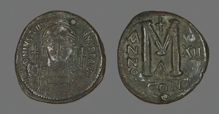 Framed Print : Follis (Coin) Portraying the Emperor Justinian I, 538-539. Creator: Unknown