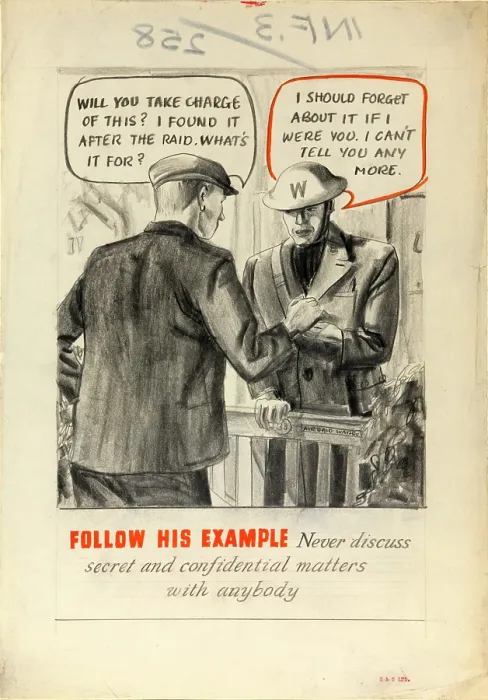 Framed Print : Follow his example. Never discuss secret and confidential... WWII poster, between 1939 and 1946. Creators: Central Office of Information, Unknown. Follow his example Framed Print : Follow his example. Never discuss secret and confidential... WWII poster, between 1939 and 1946. Creators: Central Office of Information, Unknown. Follow his example