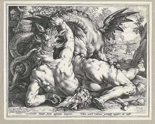 Two Followers of Cadmus devoured by a Dragon. (After Cornelis Cornelisz van Haarlem), 1588. Creator: Goltzius, Hendrick (1558-1617)