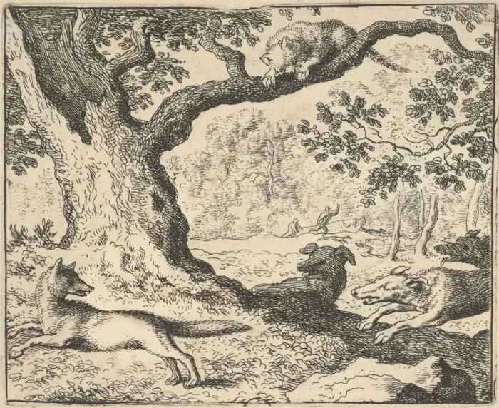 Framed Print : Following Renards False Story, His Father Is Chased by Hunting Dogs from Hendrick van Framed Print : Following Renards False Story, His Father Is Chased by Hunting Dogs from Hendrick van