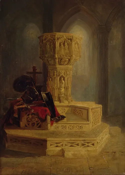 Framed Print : Font, Walsingham Church, 1831. Creator: William James Muller Framed Print : Font, Walsingham Church, 1831. Creator: William James Muller