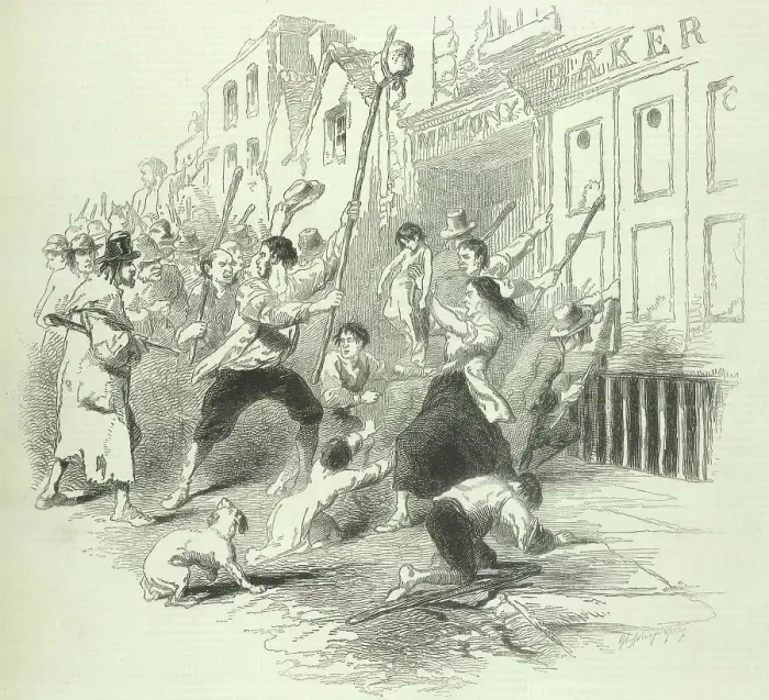 Framed Print : A food riot in Dungarvan, Co. Waterford, Ireland, during the famine, 1846. Creator: Unknown Framed Print : A food riot in Dungarvan, Co. Waterford, Ireland, during the famine, 1846. Creator: Unknown